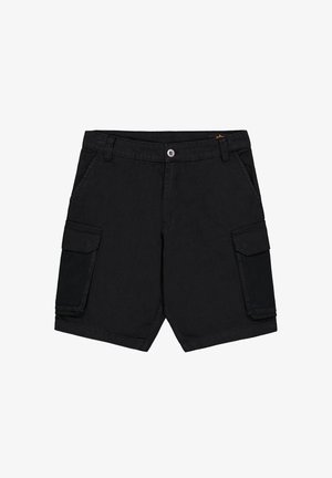Zwarte knielange cargoshorts met voorste knoop, riemlussen, steekzakken en mesh-panel klepzakken op elke dij.
