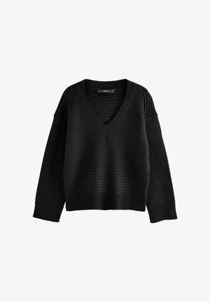 Schwarzer gestrickter Pullover mit V-Ausschnitt, weiten Ärmeln, geripptem Saum und strukturierten horizontalen Streifen. Hergestellt aus einem weichen Material.