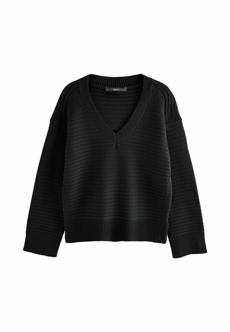 Maglione nero lavorato a maglia con scollatura a V, maniche ampie, orlo a coste e strisce orizzontali testurizzate su tutta la superficie. Realizzato in un tessuto morbido.