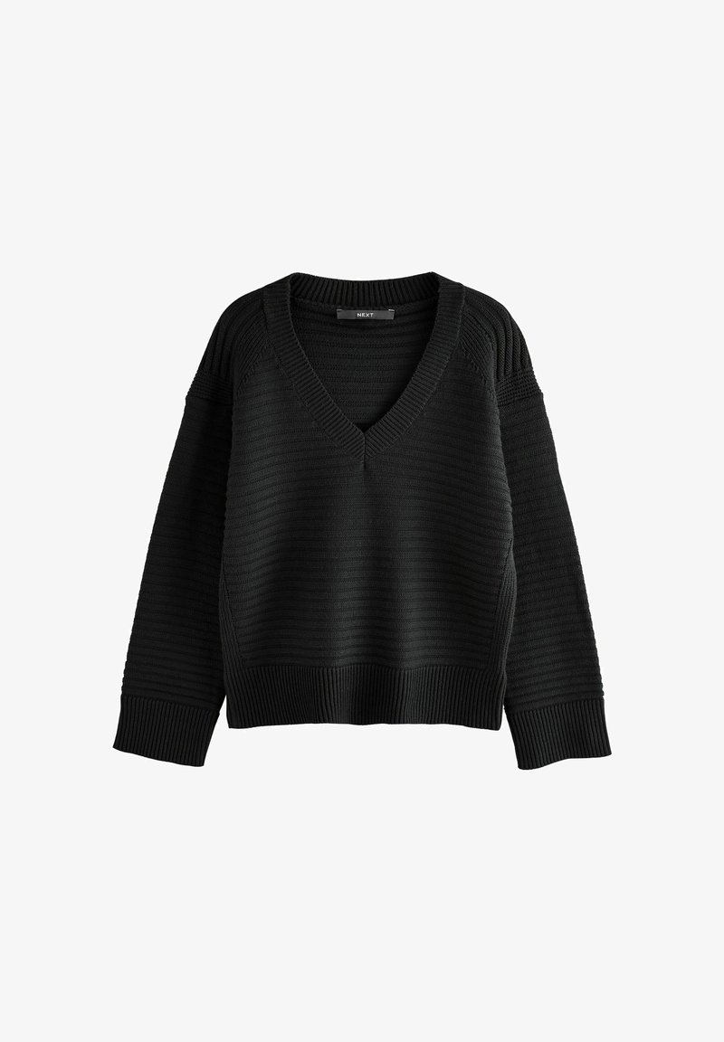 Pull en tricot noir avec un col en V, des manches larges, un ourlet côtelé et des rayures horizontales texturées. Fabriqué dans un tissu doux.