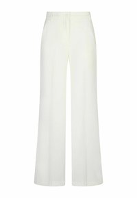 Wijde broekspijpen in een zachte witte stof, met een knoopsluiting aan de voorkant, twee zijzakken en een gladde, subtiele textuur.