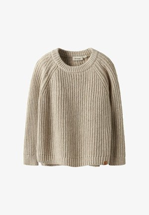 Maglione beige lavorato a maglia con una texture a coste, scollatura rotonda e maniche raglan. Presenta un piccolo etichetta in pelle del marchio sul lato sinistro in basso.
