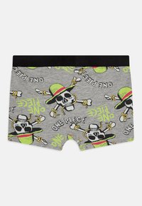 Szürke boxeralsó, fekete derékszárral, színes koponya és keresztcsont minta zöld és rózsaszín részletekkel, "One Piece" felirattal.