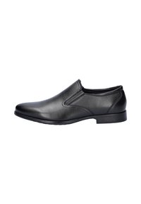 Black leather slip-on shoe with a rounded toe, elastic side panels, and a textured upper. Features a low heel and smooth sole.