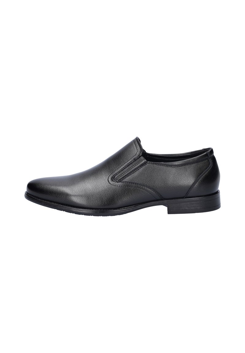 Black leather slip-on shoe with a rounded toe, elastic side panels, and a textured upper. Features a low heel and smooth sole.