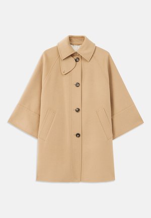 Beige wool blend coat with a classic collar, front button closure, and side pockets; features raglan sleeves and a clean, structured design.