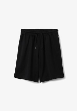 Zwarte kniekorte broek met een elastische tailleband en een trekkoord, weergegeven op een witte achtergrond.