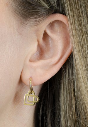 Gold hoop earring featuring a geometric heart shape with overlapping lines. The design is minimalist with a polished finish.