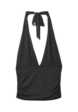 Top noir à encolure halter en tissu lisse, avec un décolleté en V profond, un tissu froncé à la taille, et une fermeture par lien au cou.