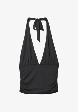 Schwarzes Halfteroberteil aus glattem Stoff, mit einem tiefen V-Ausschnitt, geraffter Textur an der Taille und einer Bindeschließe am Hals.