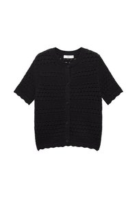Svart stickad cardigan med korta ärmar, med en texturerad mönstring och knäppning framtill. Den vågiga fållen ger en dekorativ detalj.