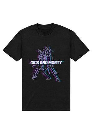 Schwarzes Baumwoll-T-Shirt mit einem bunten Grafikdruck von zwei Cartoonfiguren und dem Text "RICK AND MORTY" in der Mitte.