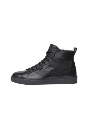Baskets montantes noires en cuir, avec un bout rond, un laçage sur le devant, des accents texturés et une semelle en caoutchouc.
