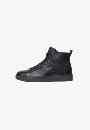 Schwarze High-Top-Sneaker aus Leder mit runder Zehenpartie, Schnürverschluss, strukturierten Akzenten und Gummisohle.