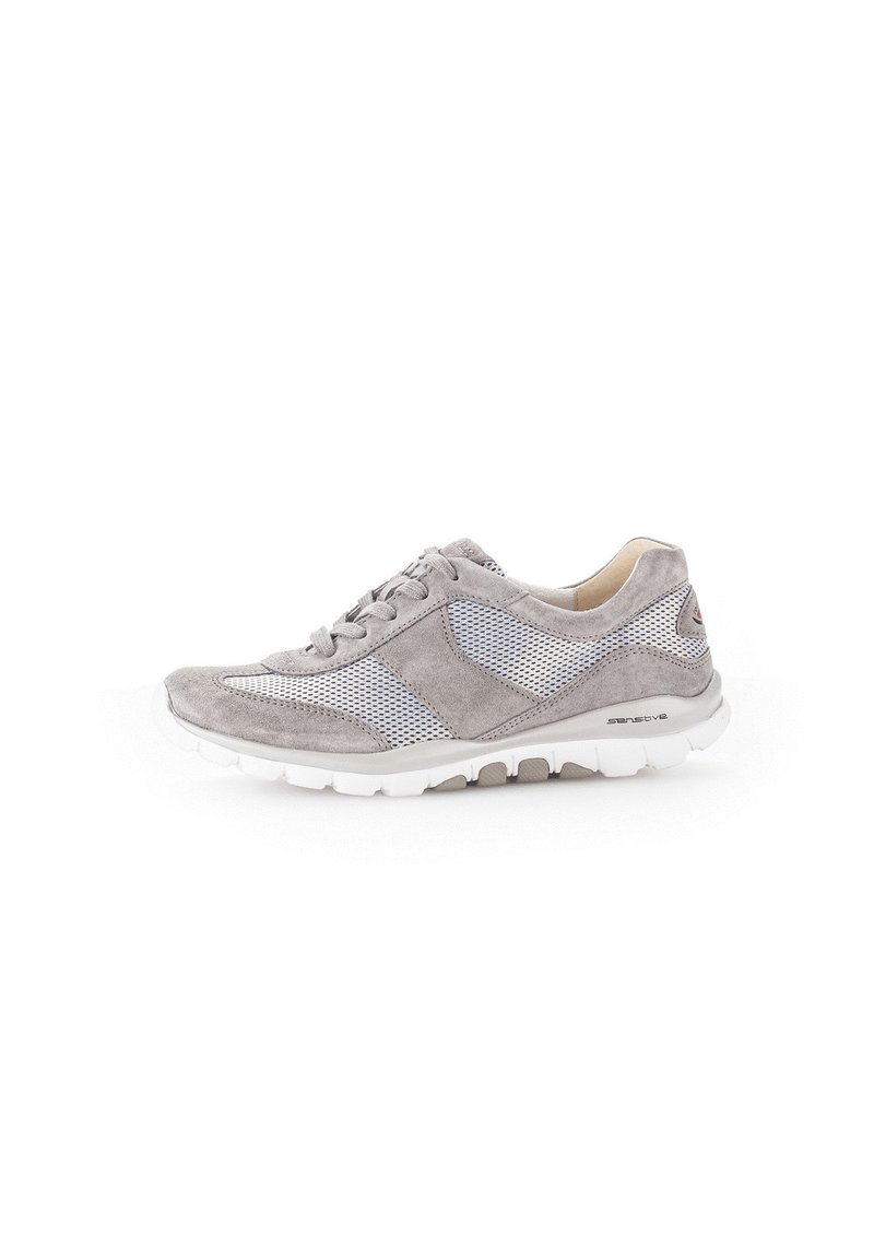 Gray athletic shoe made of suede and mesh. Features a rounded toe, lace-up closure, and a white cushioned sole with a textured pattern.