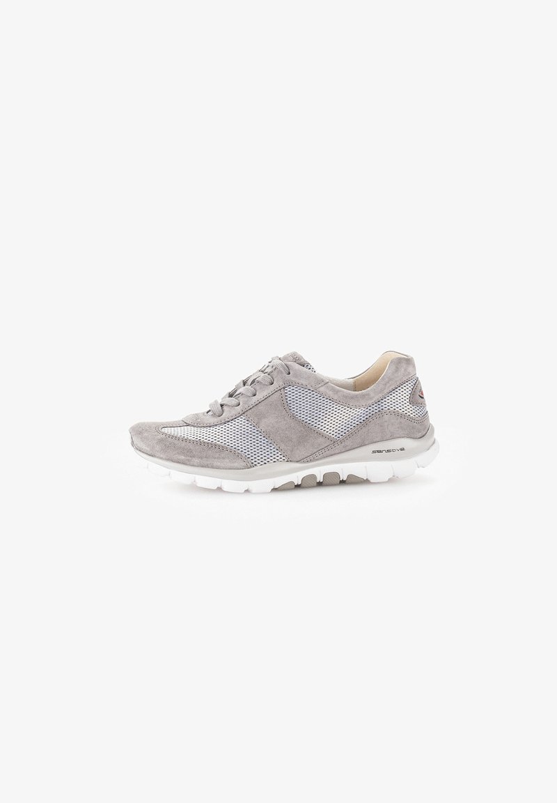 Gray athletic shoe made of suede and mesh. Features a rounded toe, lace-up closure, and a white cushioned sole with a textured pattern.
