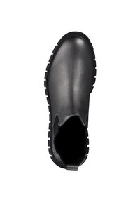 Stivale alla caviglia in pelle nera con punta rotonda, pannelli laterali elastici e suola in gomma con motivi profondi per un'ottima aderenza.