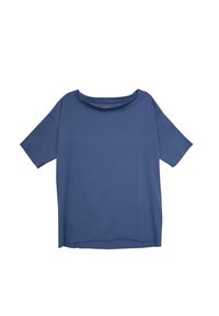 Niebieska koszulka z krótkim r ękawem i okrągłym dekoltem. Wykonana z gładkiego materiału o luźnym kroju, z lekko drapowanym wykończeniem dołu.