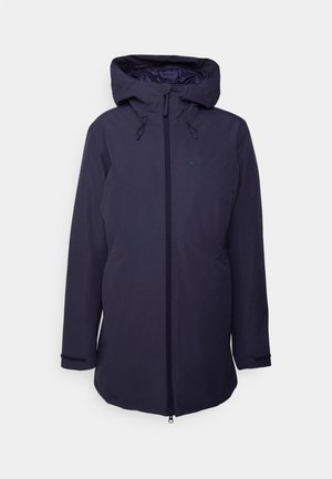 Dunkelmarineblaue wasserdichte Jacke mit Kapuze, ausgestattet mit einem durchgehenden Reißverschluss, verstellbaren Kordeln und elastischen Bündchen. Glatte, matte Oberfläche.