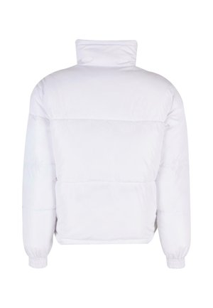 Hvit boblejakke med høy krage, elastiske mansjetter og sydde paneler. Stoffet er glatt med en lett glans og er fullt isolert.