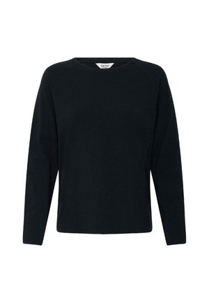 Sweat-shirt noir à manches longues avec un col rond, au design simple et épuré, manches raglan, présenté sur un fond blanc.
