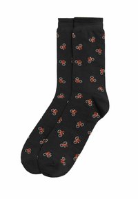 Calcetines negros con un patrón repetido de pequeñas bicicletas en naranja y gris. Fabricados con un tejido suave y con un corte clásico de caña.