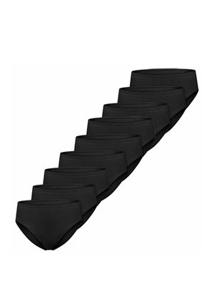 Stapel von neun schwarzen, aktentaschenartigen Unterhosen, diagonal auf weißem Hintergrund angeordnet.