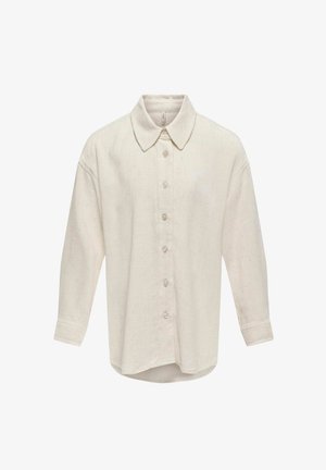 Chemise crème à boutons avec un col classique, des manches longues et un tissu texturé. Présente un ourlet droit et six boutons sur le devant.