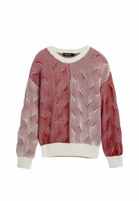 Rot-weißer gestrickter Pullover mit einem wellenförmigen Muster, Rundhalsausschnitt und gerippten Bündchen. Weiche Textur mit lässiger Passform.