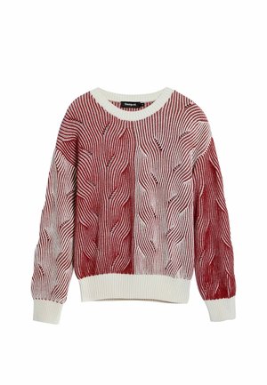 Rot-weißer gestrickter Pullover mit einem wellenförmigen Muster, Rundhalsausschnitt und gerippten Bündchen. Weiche Textur mit lässiger Passform.