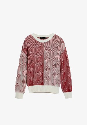 Punane ja valge kooskudumine, millel on laineline muster, ümar kaelus ja soonikkoes varrukad. Pehme tekstuur ja vabalt langev lõige.