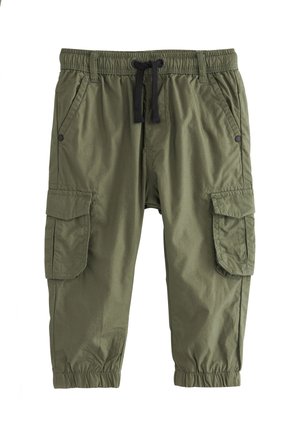 Olive rohelised tööpüksid, millel on elastne vöökoht paelaga, külje- ja tagataskud ning elastsed sääremutikad.