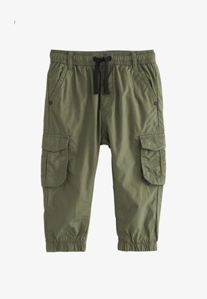 Tovorne hlače olivno zelene barve z elastičnim pasom z zavezovanjem, stranskimi in zadnjimi žepi ter elastičnimi zapestji na gležnjih.