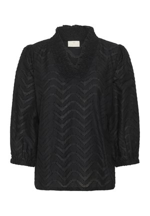 Schwarze Bluse mit V-Ausschnitt, strukturiertem Zickzackmuster und gerafften Ärmeln. Aus leichtem Stoff mit einem gerafften Kragenrand.