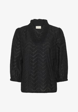 Schwarze Bluse mit V-Ausschnitt, strukturiertem Zickzackmuster und gerafften Ärmeln. Aus leichtem Stoff mit einem gerafften Kragenrand.