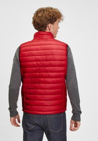 Röd vadderad väst med hög krage, quiltad design och grå långa ärmar. Har en texturerad yta och minimalistisk stil.