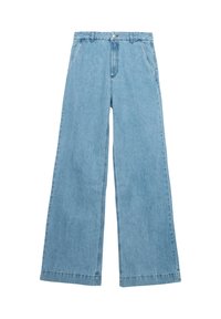 Jeans ampi in denim di colore blu chiaro, con vita alta, tasche laterali e dettagli di cucitura minimi. Design classico a cinque tasche.