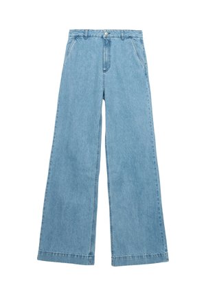 Jeans ampi in denim di colore blu chiaro, con vita alta, tasche laterali e dettagli di cucitura minimi. Design classico a cinque tasche.