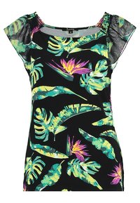 Zwarte top met korte mouwen, versierd met levendige groene bladeren en roze bloemenpatronen, met gevrorde doorschijnende mouwen en een getailleerde pasvorm.