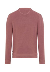 Langärmliger Pullover mit Rundhalsausschnitt in staubrosa Farbe, von hinten gezeigt, mit gerippten Bündchen und Saum.