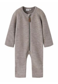 Puha szürke, hosszú ujjú babaápoló, teljes elöl zipzárral és kerek nyakkivágással, kényelmes kötött anyagból készült.