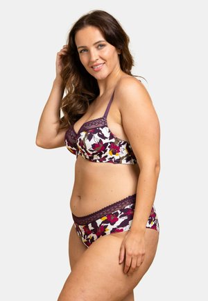 Ensemble de bikini à motif floral avec une bordure en dentelle violette. Le soutien-gorge a des bretelles ajustables ; le bas présente une large bande en dentelle et un motif floral assorti.