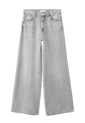 Jean en denim gris clair à jambes larges avec poches avant et arrière, fermeture par bouton et passants de ceinture sur fond blanc.