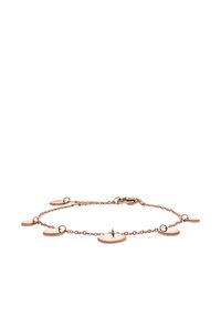 Rose gold bracelet featuring a delicate chain with five circular pendants. Smooth surface, minimal design, and a secure clasp.