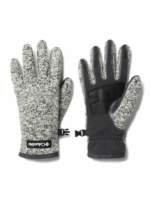 Gants en tricot de couleur grise et noire, dotés d'un motif texturé, d'une doublure en polaire et d'un patch de préhension noir sur la paume pour une fonctionnalité améliorée.
