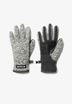 Gestrickte Handschuhe in Grau und Schwarz, mit einem strukturierten Muster, Fleece-Futter und einem schwarzen Griffpatch auf der Handfläche für verbesserte Funktionalität.