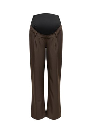 Raseduspüksid, pruun kangas, laiade sääreosadega siluett, must elastse lõikega kõhupaneel, õrnad voldid ees, sile tekstuur.