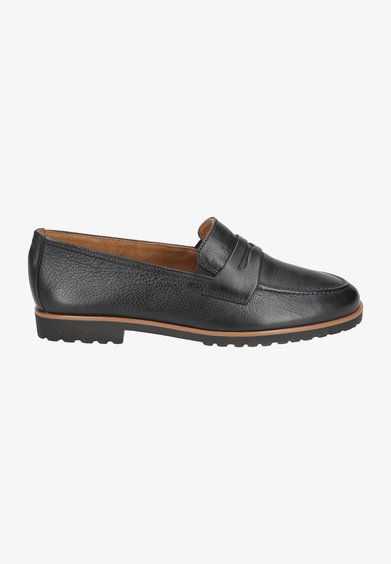 Schwarze Lederloafers mit einer strukturierten Oberfläche. Verfügt über ein Frontriemendetail, ein niedriges Profil und eine Gummisohle mit leichtem Profil.