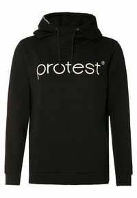 Sudadera con capucha negra de algodón, con un gran logo blanco de "protesta" en el frente. Incluye cordones y puños de canalé.