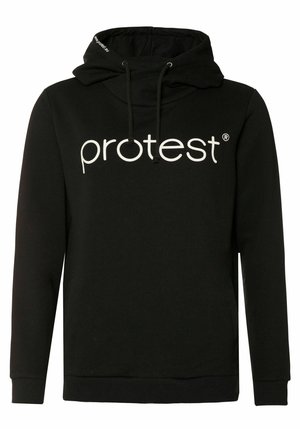 Zwarte sweatshirt met capuchon, gemaakt van katoen, met een groot wit "protest" logo op de voorkant. Inclusief trekkoord en ribbelboorden.